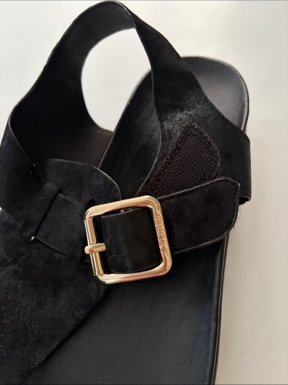 J Slides J/SLIDES Shoes Women's Becky Sandals In Black Suede Gold Buckle 7.5 - Picture 9 of 16